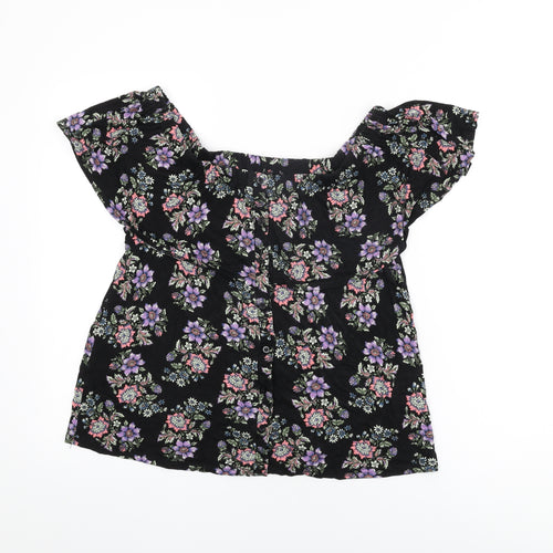 Buffalo Womens Black Floral Viscose Basic T-Shirt Size 14 Off the Shoulder