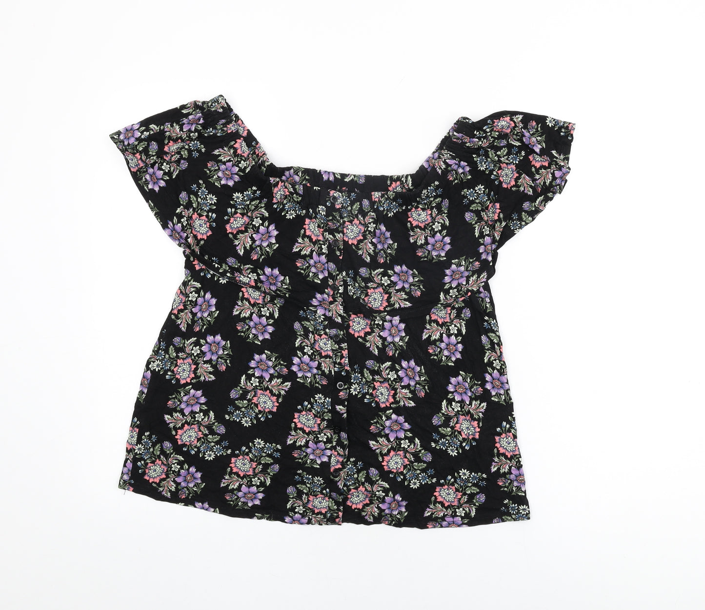 Buffalo Womens Black Floral Viscose Basic T-Shirt Size 14 Off the Shoulder