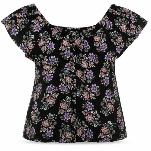 Buffalo Womens Black Floral Viscose Basic T-Shirt Size 14 Off the Shoulder