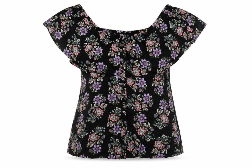 Buffalo Womens Black Floral Viscose Basic T-Shirt Size 14 Off the Shoulder