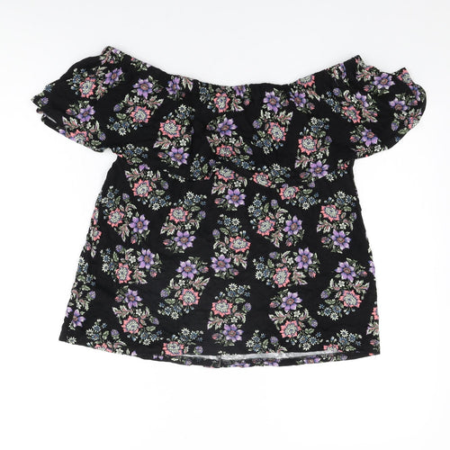 Buffalo Womens Black Floral Viscose Basic T-Shirt Size 14 Off the Shoulder