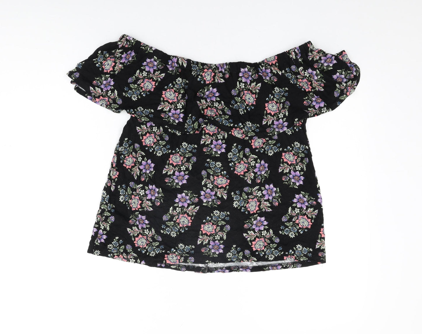 Buffalo Womens Black Floral Viscose Basic T-Shirt Size 14 Off the Shoulder