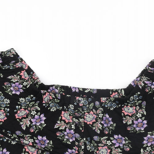 Buffalo Womens Black Floral Viscose Basic T-Shirt Size 14 Off the Shoulder