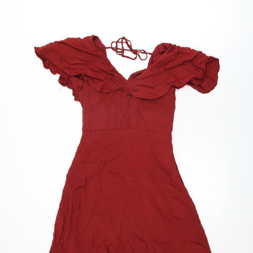 River Island Womens Red Viscose Shift Size 10 V-Neck Zip