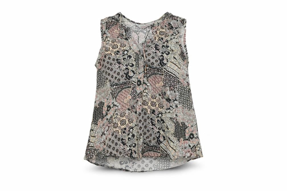 Front view of Dorothy Perkins women’s multicoloured floral viscose basic t-shirt, size UK 8, v-neck