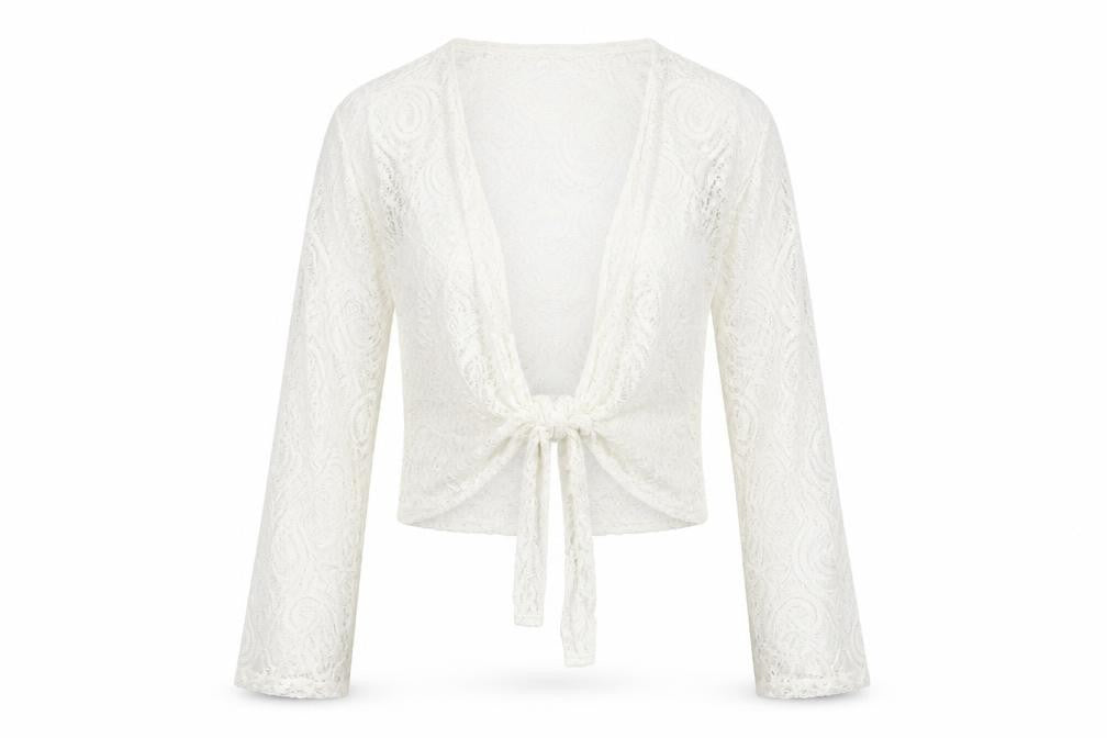 Front view of Zuppe women’s white geometric nylon basic t-shirt, size S, v-neck