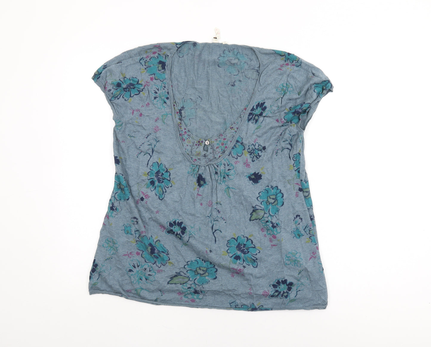 NEXT Womens Blue Floral Cotton Basic T-Shirt Size 18 Scoop Neck