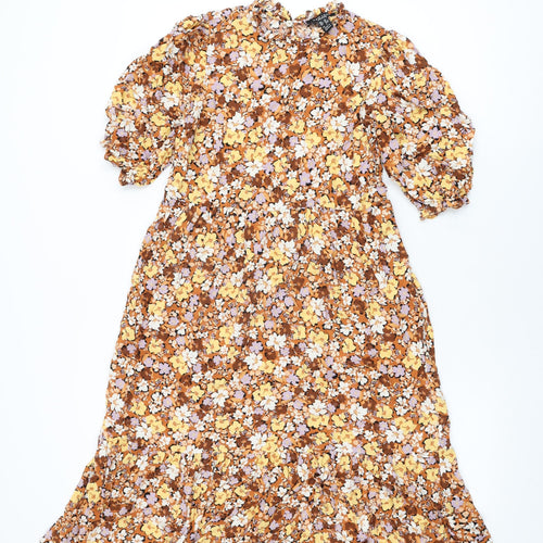 New Look Womens Brown Floral Viscose Shift Size 10 Round Neck Button