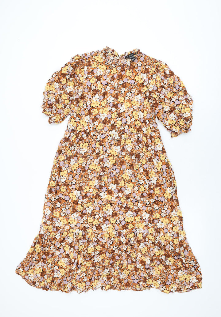 New Look Womens Brown Floral Viscose Shift Size 10 Round Neck Button