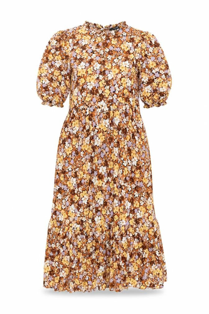 Front view of New Look women’s brown floral viscose shift, size UK 10, round neck button