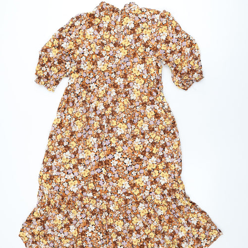 New Look Womens Brown Floral Viscose Shift Size 10 Round Neck Button