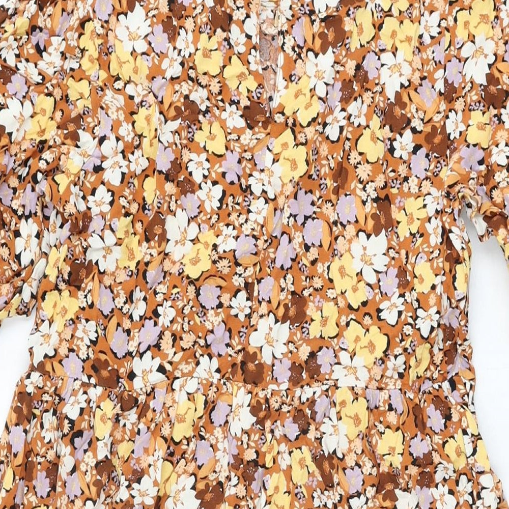 New Look Womens Brown Floral Viscose Shift Size 10 Round Neck Button