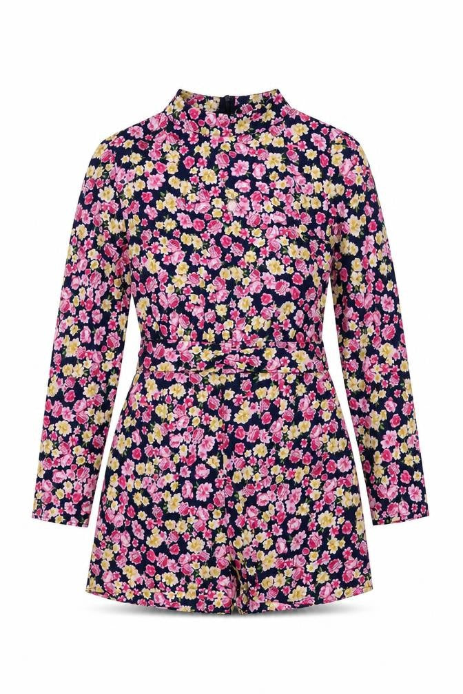 Front view of Boohoo women’s blue floral polyester playsuit one-piece, size UK 12, zip