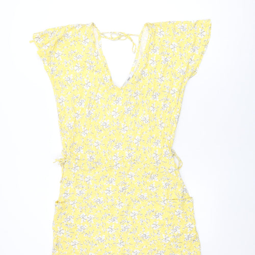 NEXT Womens Yellow Floral Cotton Shift Size 12 V-Neck Tie