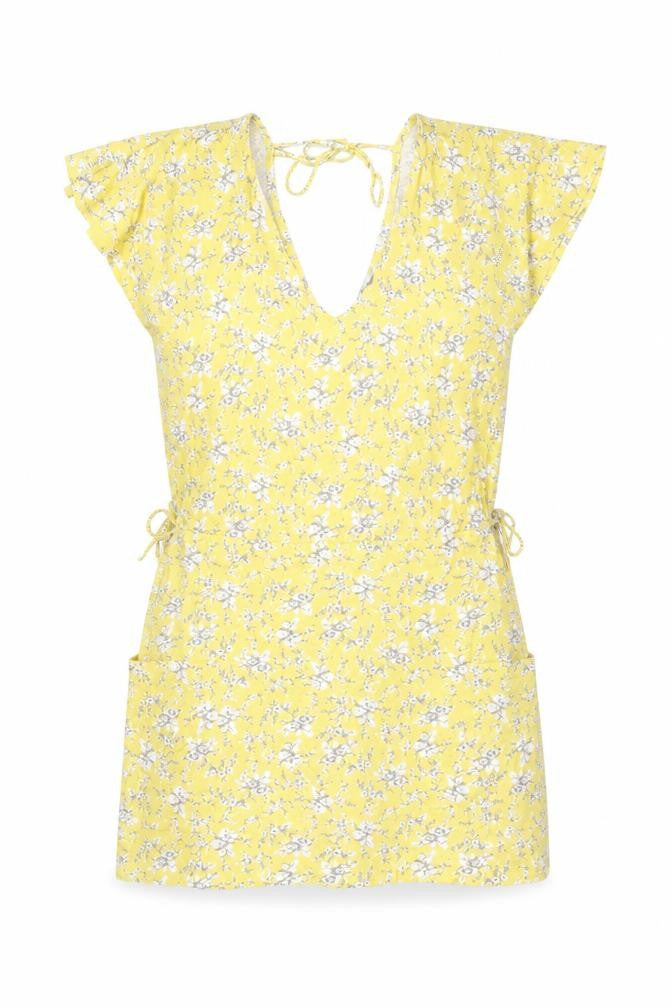Front view of Next women’s yellow floral cotton shift, size UK 12, v-neck tie