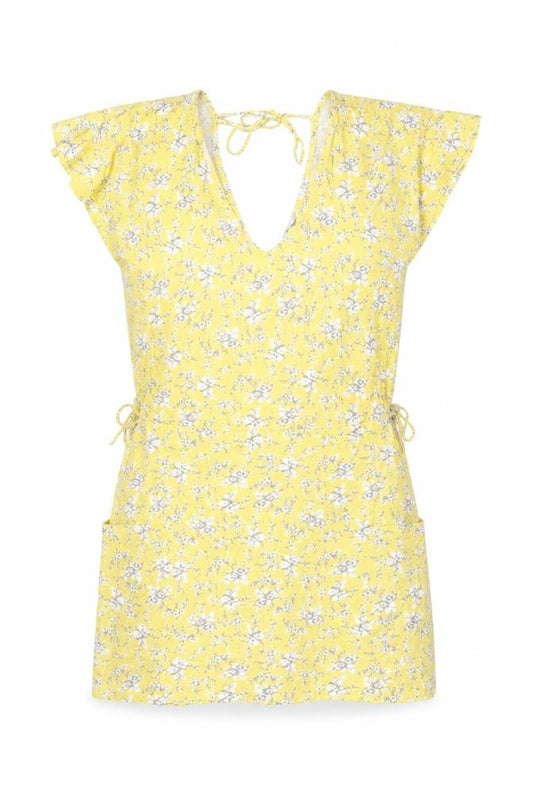 Front view of Next women’s yellow floral cotton shift, size UK 12, v-neck tie