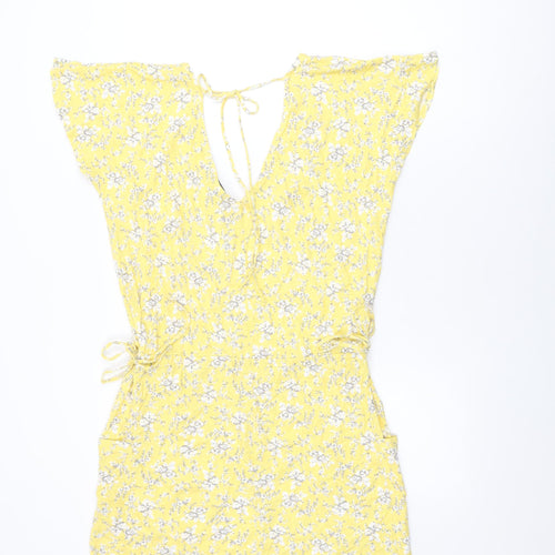 NEXT Womens Yellow Floral Cotton Shift Size 12 V-Neck Tie