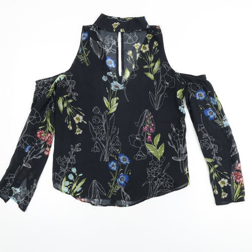 River Island Womens Black Floral Polyester Basic Blouse Size 8 Round Neck
