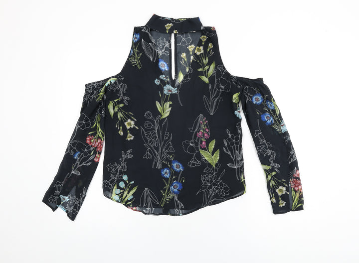 River Island Womens Black Floral Polyester Basic Blouse Size 8 Round Neck