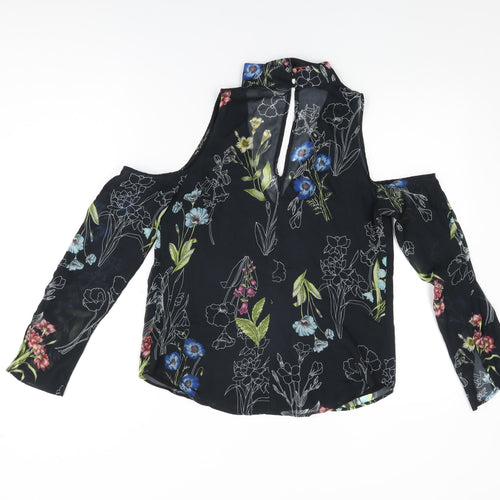 River Island Womens Black Floral Polyester Basic Blouse Size 8 Round Neck