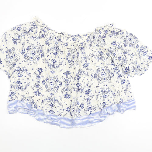 Marks and Spencer Womens White Floral Viscose Basic T-Shirt Size 16 Off the Shoulder