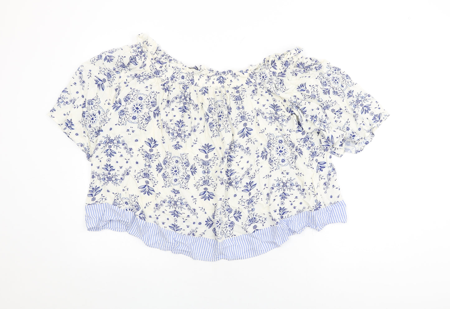 Marks and Spencer Womens White Floral Viscose Basic T-Shirt Size 16 Off the Shoulder