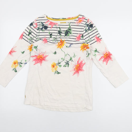 Joules Womens White Floral Cotton Basic T-Shirt Size 8 Round Neck