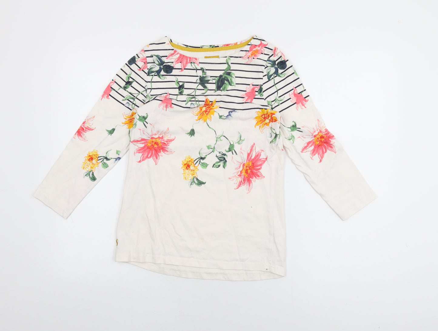 Joules Womens White Floral Cotton Basic T-Shirt Size 8 Round Neck