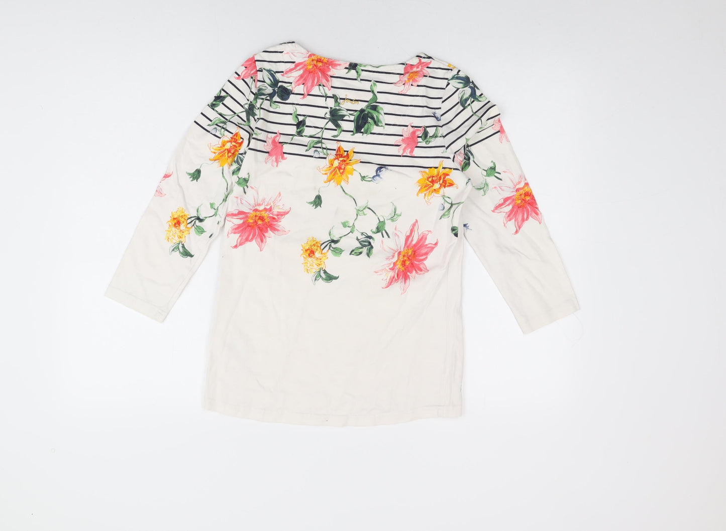 Joules Womens White Floral Cotton Basic T-Shirt Size 8 Round Neck