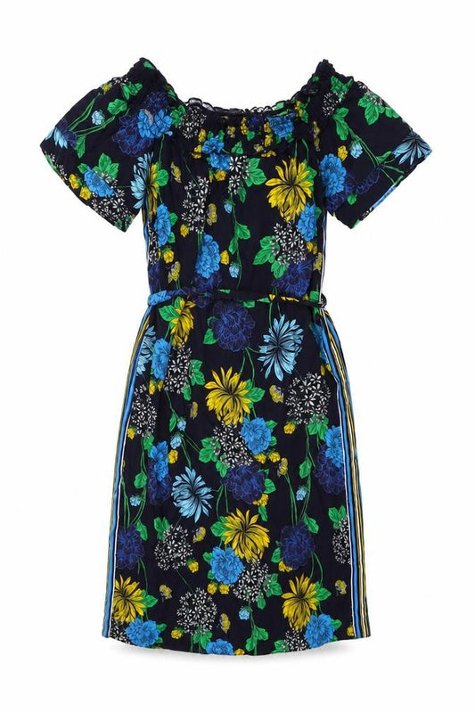 Front view of Red Herring women’s blue floral viscose shift, size UK 8, off the shoulder pullover