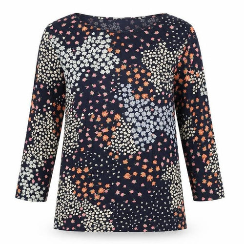 Marks and Spencer Womens Blue Floral Cotton Basic T-Shirt Size 8 Boat Neck