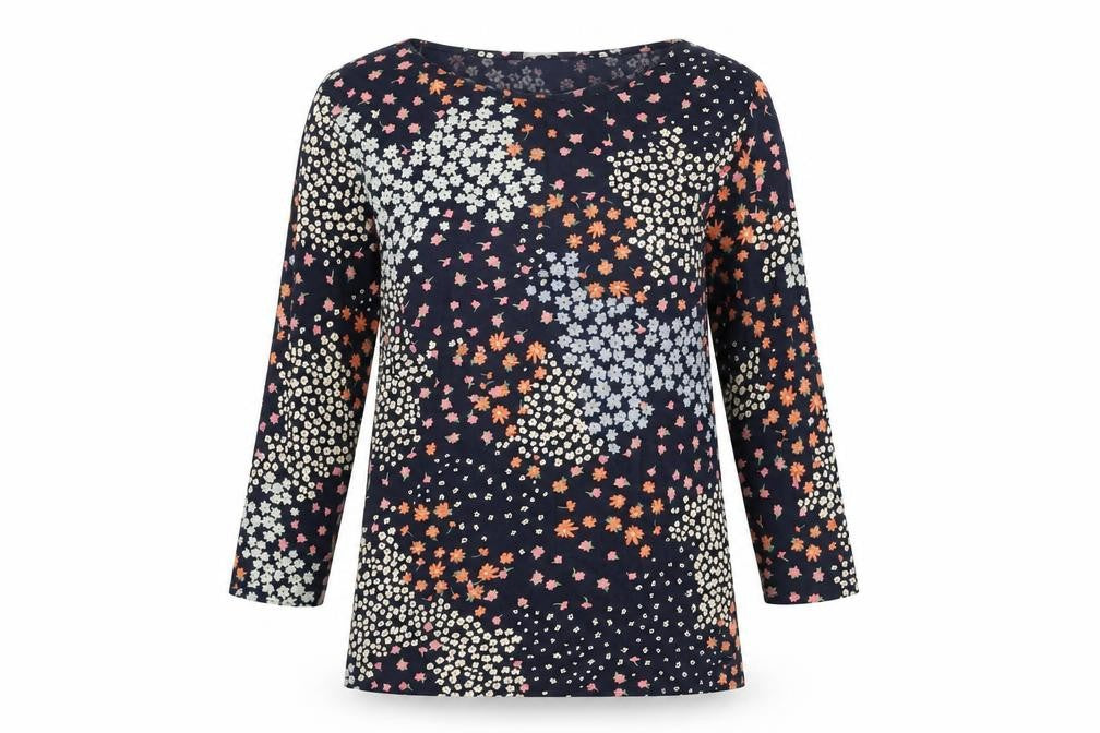 Marks and Spencer Womens Blue Floral Cotton Basic T-Shirt Size 8 Boat Neck
