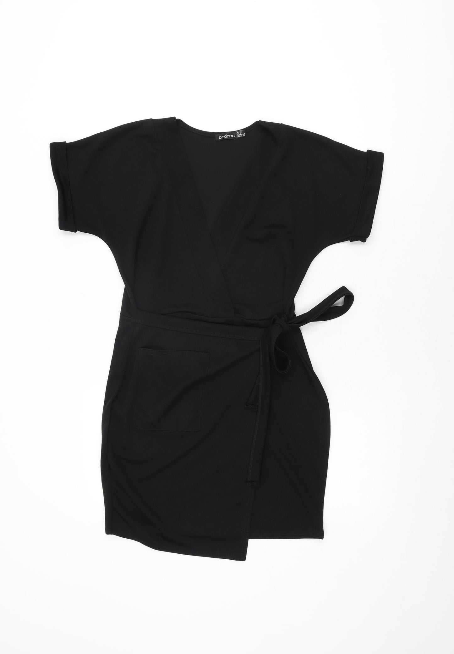 Boohoo Womens Black Polyester Wrap Dress Size 12 V-Neck Tie