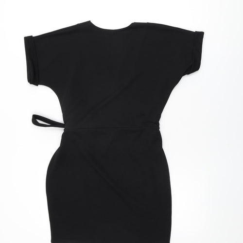 Boohoo Womens Black Polyester Wrap Dress Size 12 V-Neck Tie