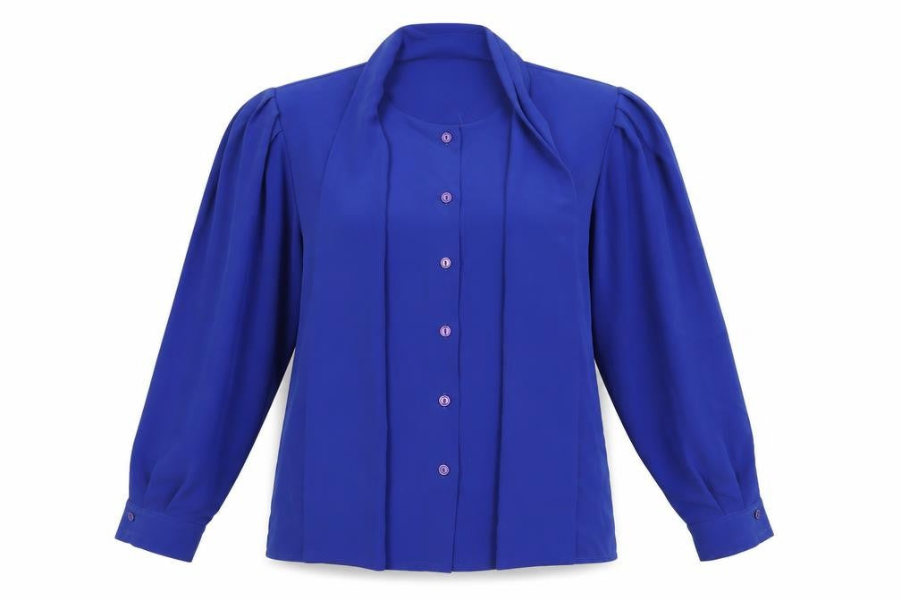Front view of Country Casuals women’s blue polyester basic button-up, size UK 14, round neck