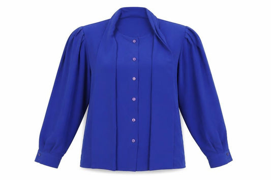 Front view of Country Casuals women’s blue polyester basic button-up, size UK 14, round neck