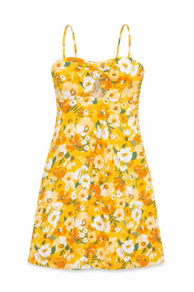 Front view of H&M women’s orange floral polyester mini, size S, off the shoulder pullover