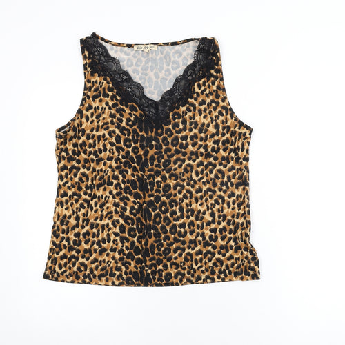 Belle Vere Womens Beige Animal Print Polyester Basic T-Shirt Size S V-Neck