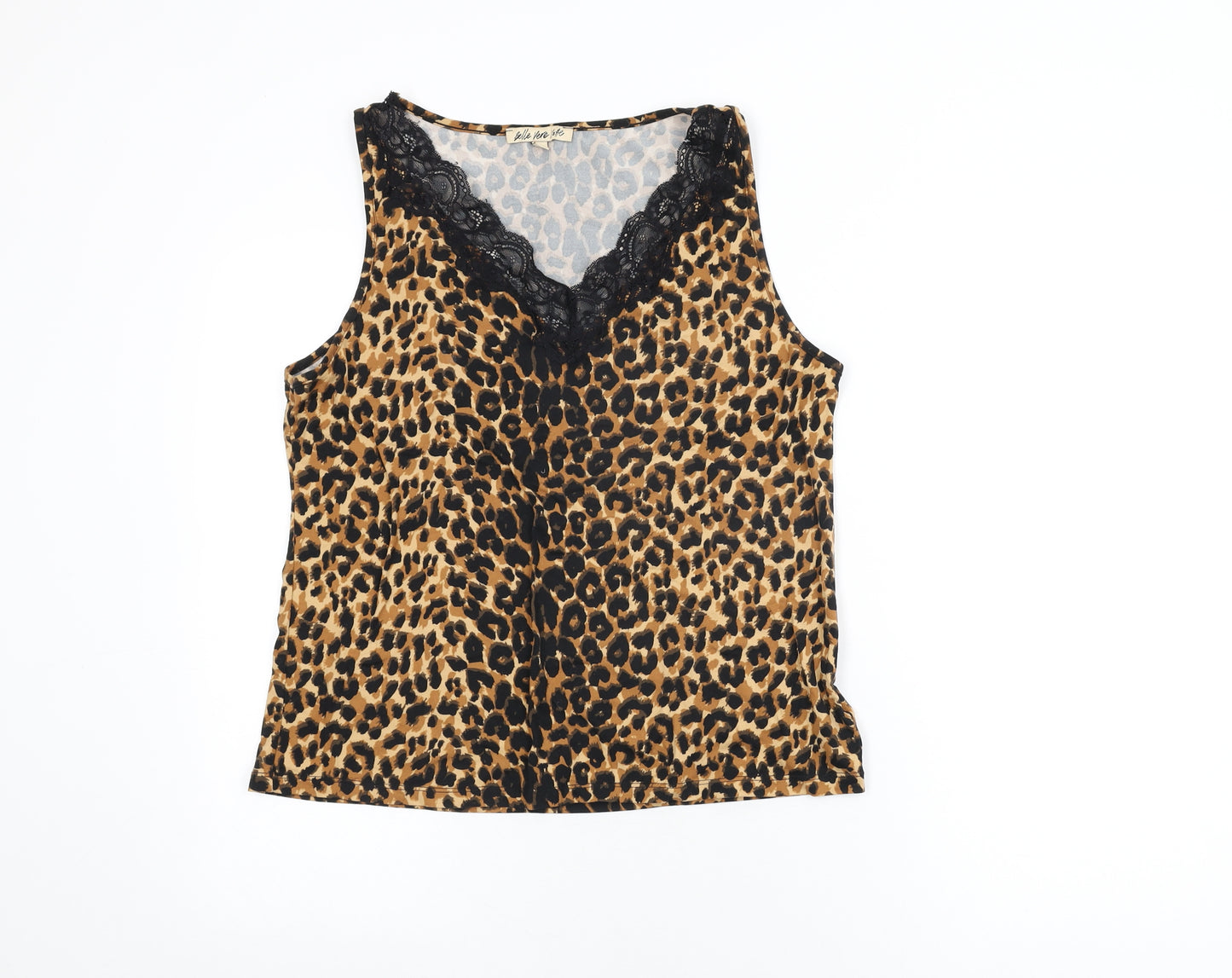 Belle Vere Womens Beige Animal Print Polyester Basic T-Shirt Size S V-Neck