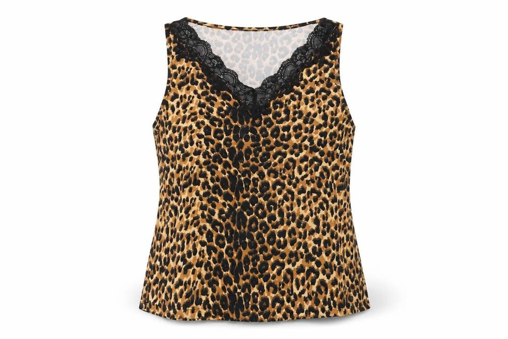 Front view of Belle Vere women’s beige animal print polyester basic t-shirt, size S, v-neck