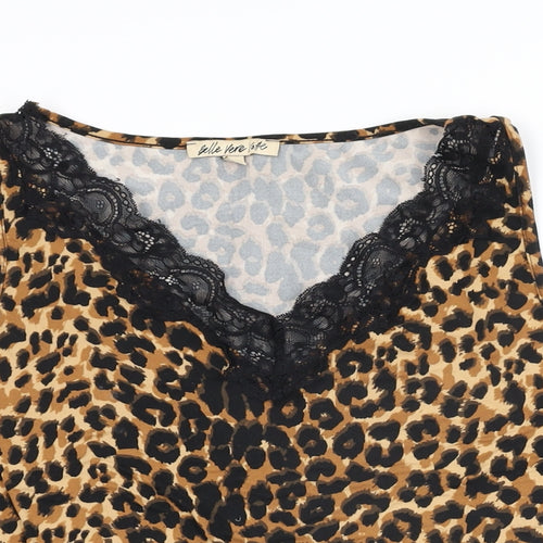 Belle Vere Womens Beige Animal Print Polyester Basic T-Shirt Size S V-Neck