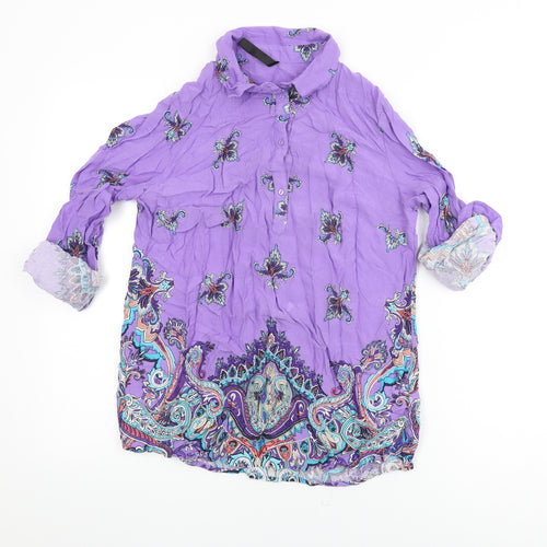 Concept Club Womens Purple Geometric Viscose Basic T-Shirt Size L Collared