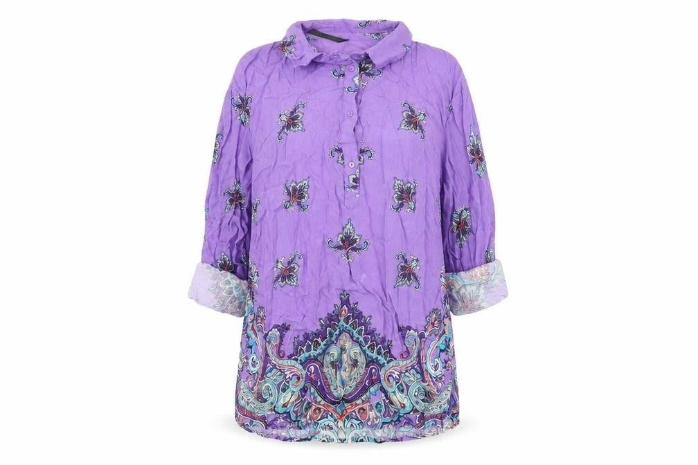 Front view of Concept Club women’s purple geometric viscose basic t-shirt, size L, collared