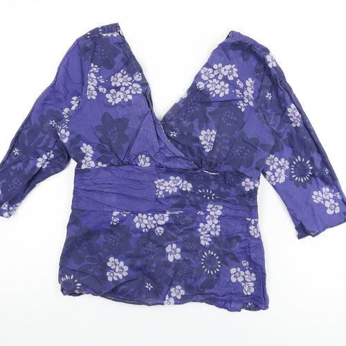 Monsoon Womens Blue Floral Cotton Basic T-Shirt Size 12 V-Neck