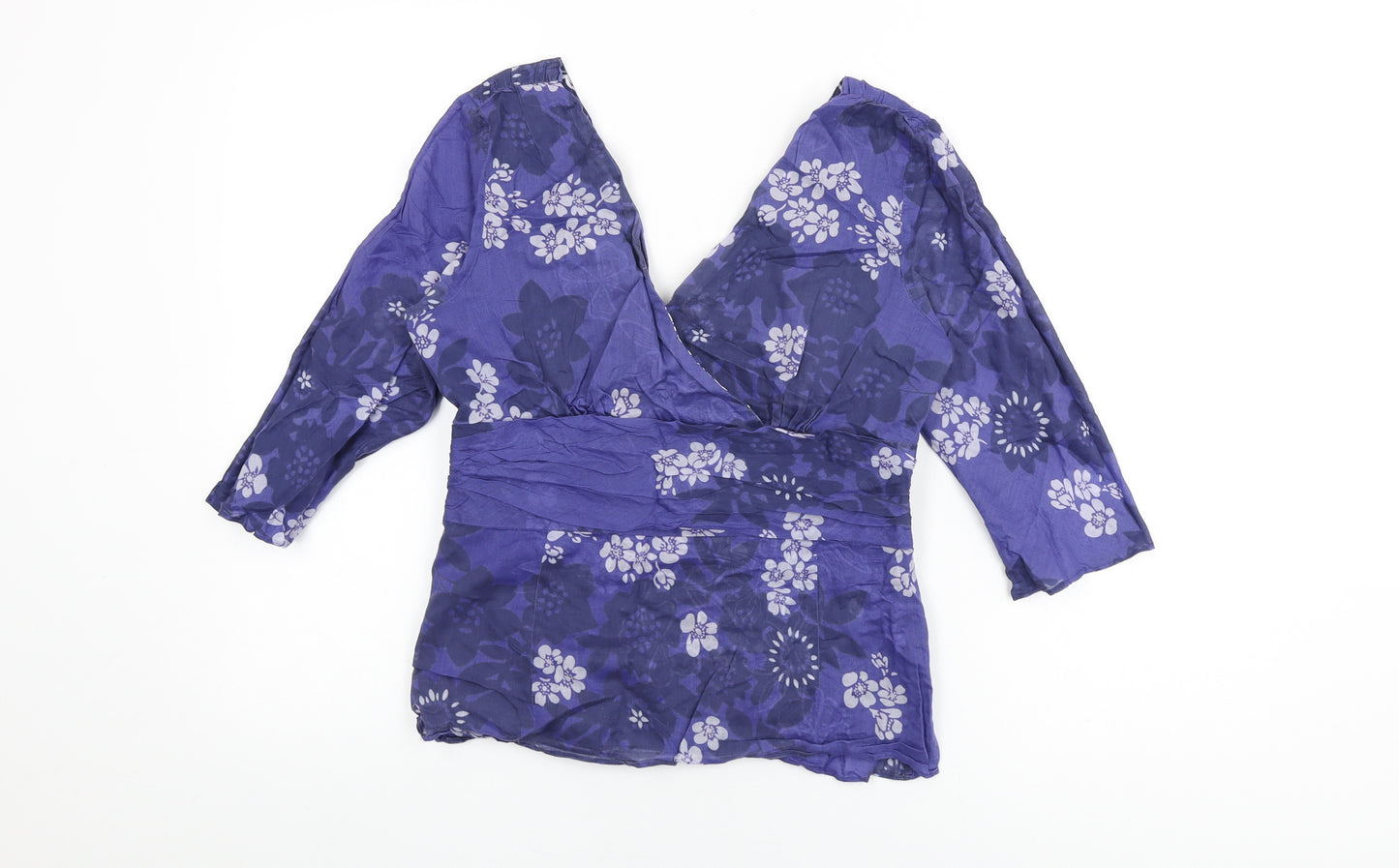 Monsoon Womens Blue Floral Cotton Basic T-Shirt Size 12 V-Neck