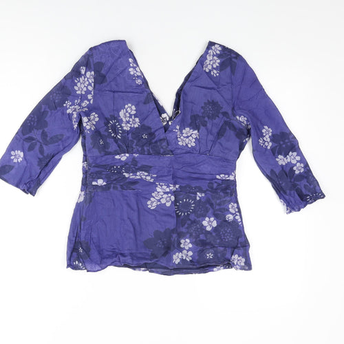 Monsoon Womens Blue Floral Cotton Basic T-Shirt Size 12 V-Neck