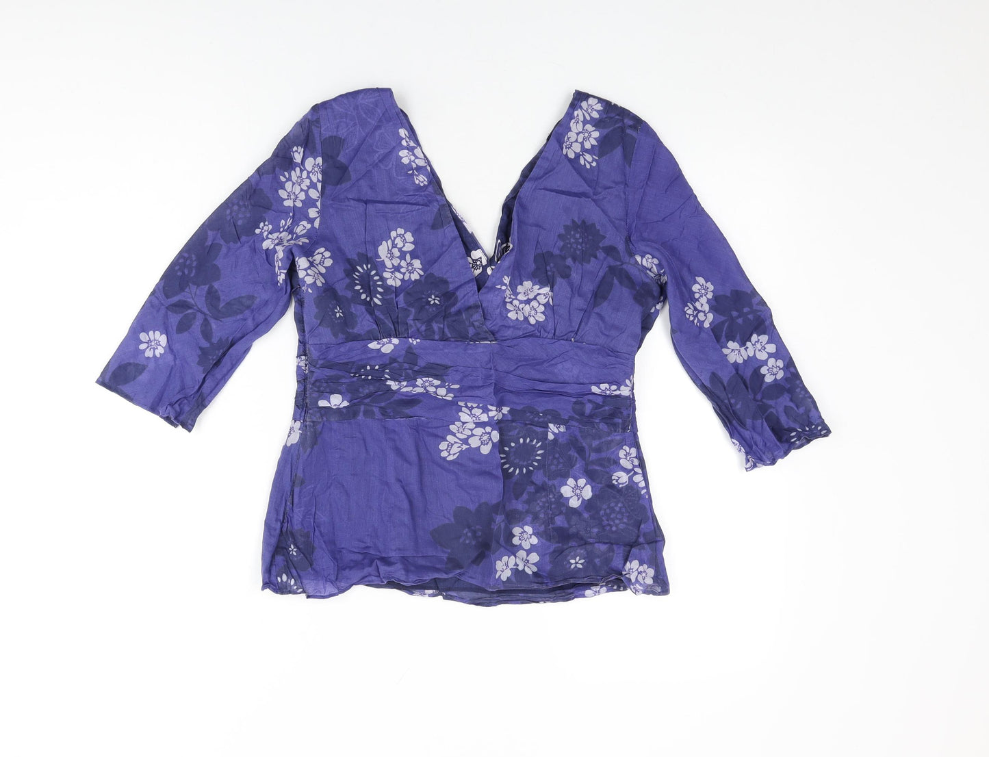 Monsoon Womens Blue Floral Cotton Basic T-Shirt Size 12 V-Neck