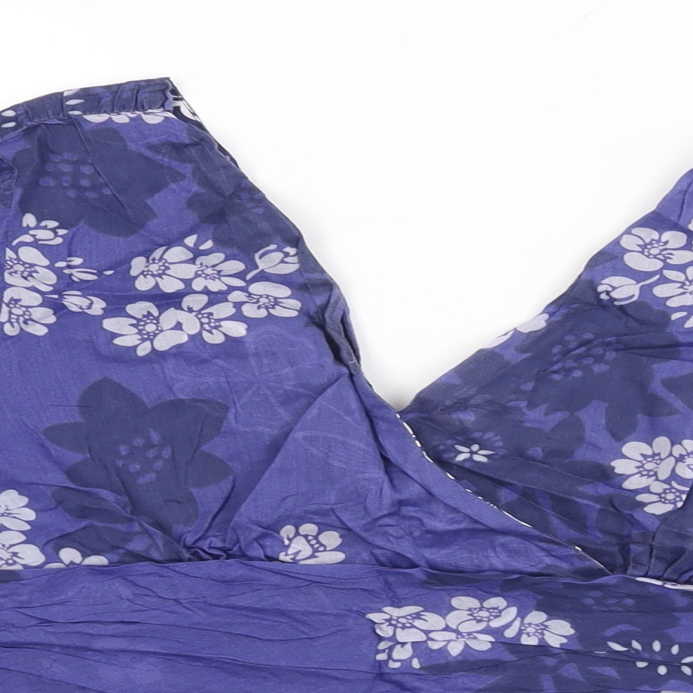 Monsoon Womens Blue Floral Cotton Basic T-Shirt Size 12 V-Neck