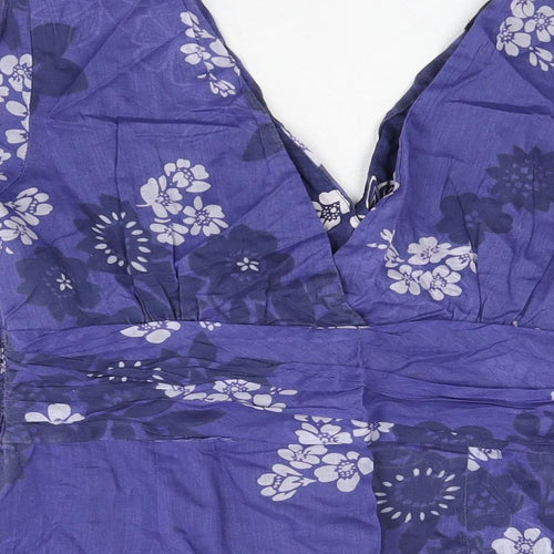 Monsoon Womens Blue Floral Cotton Basic T-Shirt Size 12 V-Neck