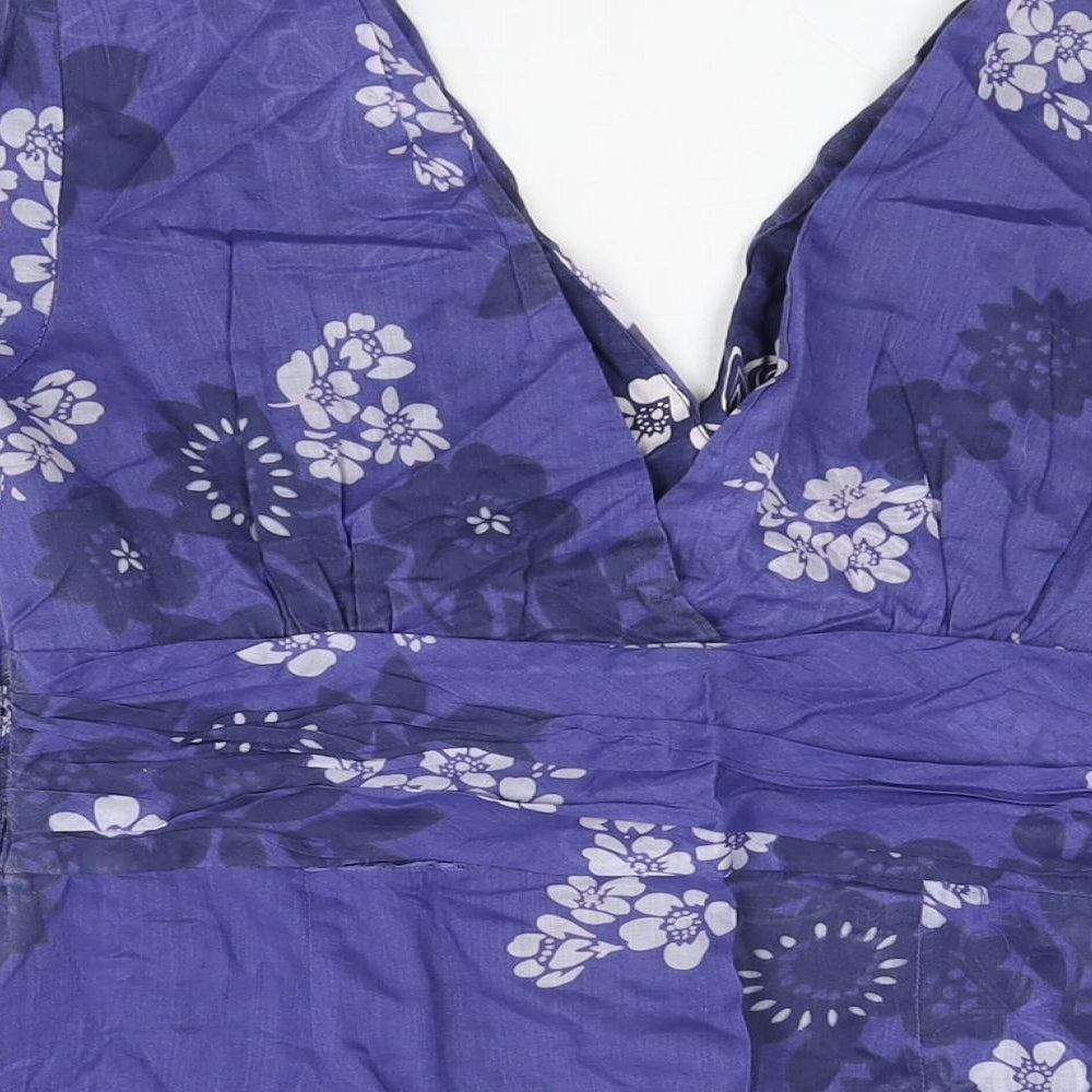 Monsoon Womens Blue Floral Cotton Basic T-Shirt Size 12 V-Neck